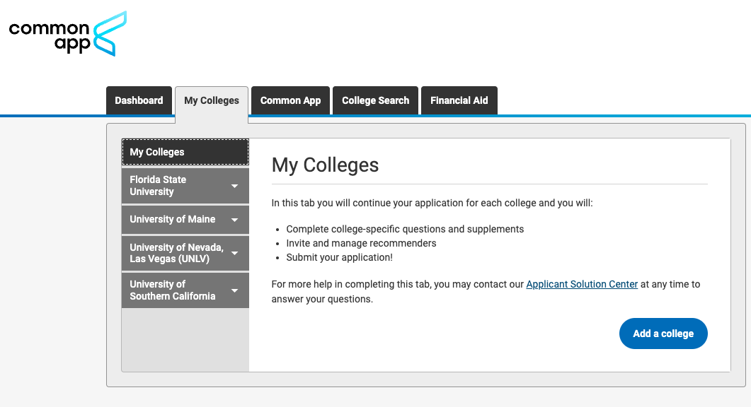 Using the My Colleges tab